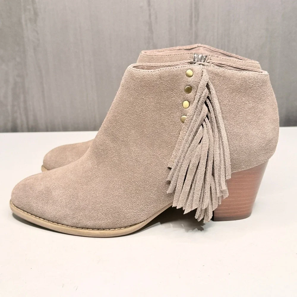 Vionic Faros Ankle Boots Womens Sz 10 Taupe Suede Fringe Studded Western Boho